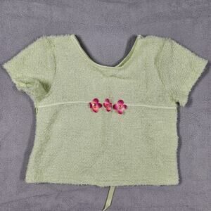 Vtg Y2K Zoey Top Girls Sz 5 Cropped Green Floral Ribbon Soft Textured Babydoll